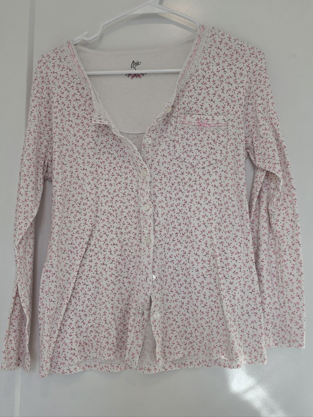 Aria Cozy Ditsy Floral Button-Up Sleep Shirt White And Pink Cottagecore Prairie